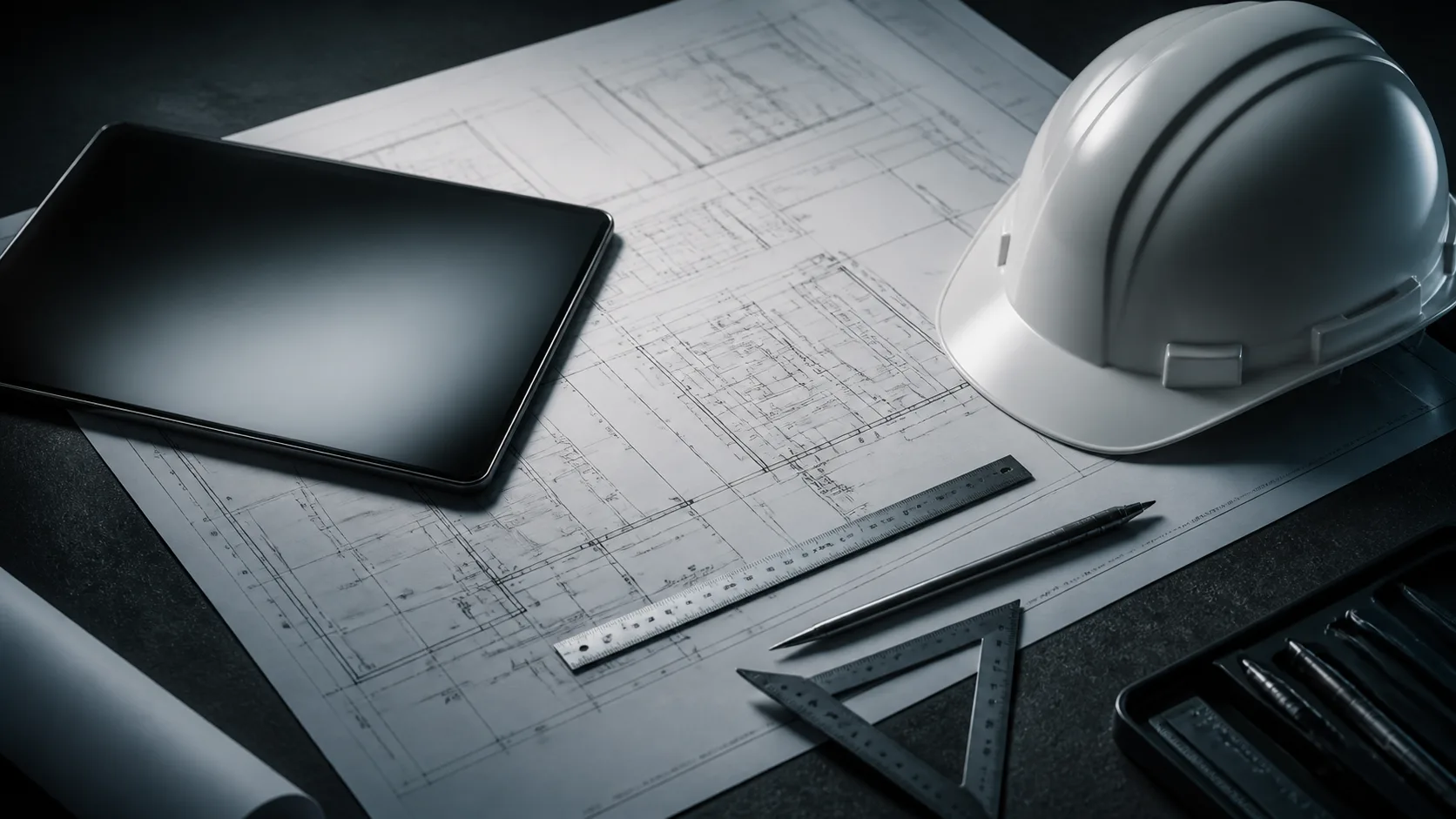 Capacete, tablet e plantas de projeto de engenharia